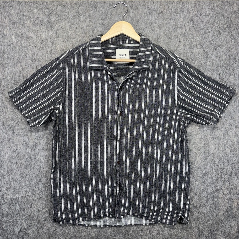 Katin Camp Shirt Men Small Charcoal Linen Blend Short Sleeve Striped Loop Collar